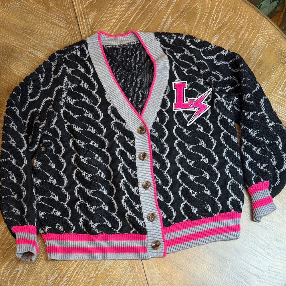 Lovesick black and gray varsity cardigan with pink trim